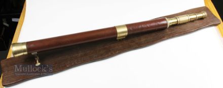 Modern Leather & Brass Three Draw Mounted Telescope with wooden display board and brass clamp,