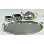 4 Piece Quality Pewter tea set, to include teapot, milk jug, sugar bowl and an oval tray, 3 of the 4