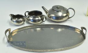 4 Piece Quality Pewter tea set, to include teapot, milk jug, sugar bowl and an oval tray, 3 of the 4