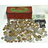 A CWS Biscuit Tin of Mixed Coins, to include world coins and a few British coins and Scottish