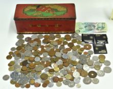 A CWS Biscuit Tin of Mixed Coins, to include world coins and a few British coins and Scottish