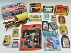 Vintage Toy Lot to include a battery-operated covered wagon, Dinky London taxi-worn box, corgi hi