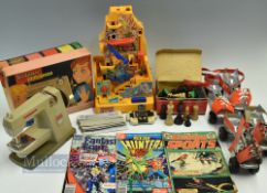 c1950-1980 Toy Selection to include Tomy Kongman - incomplete, wooden chess set, Vulcan sewing