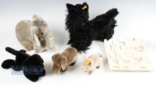 5x Steiff Soft Toys to include Blacky 25cm tall dog made in W-Germany, a small pig 11cm tall W-