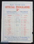 Scarce 1930 England v France Rugby Programme: Paper-style 4pp teams-on-front Twickenham issue for