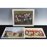 Trio of Rugby Artworks (3): Modern art stylised colourful rugby player figures on canvas, mounted,