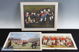 Trio of Rugby Artworks (3): Modern art stylised colourful rugby player figures on canvas, mounted,