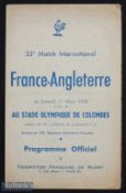 Scarce 1958 France v England Rugby Programme: Colombes issue with just a little creasing and