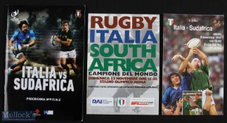 1995/97/2016 Italy v South Africa Rugby Programmes (3): From games at Bologna, Rome & Florence. VG