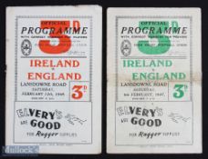 1947/1949 Ireland v England Rugby Programmes (2): The Irish won 22-0 in 1947 and then, in 1949, 14-5