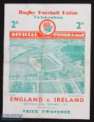 1937 England v Ireland Rugby Programme: Twickenham 4pp card style, heavy grubby folds, for game