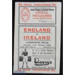 Rare Ireland v England 1932 Rugby Programme: At Landsdowne Road, Dublin, some creases but