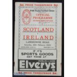 Rare 1933 Ireland v Scotland Rugby Programme: Neat, clean issue for game played at Lansdowne Road