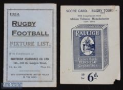 1924 British Isles Rugby Tour Itinerary etc (2): 4pp, African Tobacco Company, corners nicked; and