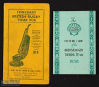 1938 British Isles Rugby Fixture Cards (2): Shell fixture card, 4p; and Itinerary, British Rugby