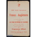 Scarce 1956 France v England Rugby Programme: Folds, punch holes and nibbles but thoroughly