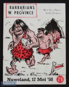 1958 British Barbarians v Western Province Rugby Programme: Won by W Province, 9-8. Amusing cover.