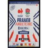 Scarce 2020 France v England Rugby Programme with Rarer Team Sheet: From Paris on 2nd February 2020,