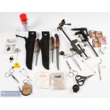 Selection of Fishing Tools to include - 2x rotary fly tying vices with 'C' clamps, hooks, tools on