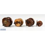 3x Wood and Brass Nottingham Reels features a 3 ½" example with 4 screw centre latch, 2x 3" examples