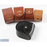 5x Leather Reel cases all with button clips, Aiken, one unnamed 2x 4 ½" dia, 1x4" dia, 1x 3 ½" dia