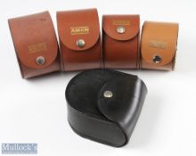 5x Leather Reel cases all with button clips, Aiken, one unnamed 2x 4 ½" dia, 1x4" dia, 1x 3 ½" dia