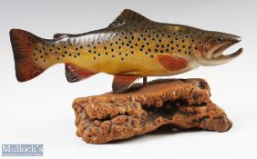 c1987 Bob Berry Carved Trout fish on wooden stand, quality carving by a desirable wood carving