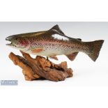 c1987 Bob Berry Carved Rainbow Trout fish on wooden stand, quality carving by a desirable wood