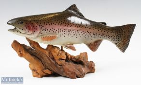 c1987 Bob Berry Carved Rainbow Trout fish on wooden stand, quality carving by a desirable wood