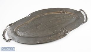 Orivit Art Nouveau Pewter Fish Platter, wonderful detail with fish, crab and plants. Measures 24.