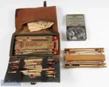Fishing Anglers Compendium containing float winder, assorted quill floats, tin of weights etc,