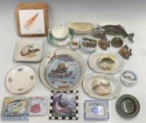 A Collection of Fishing Ceramics and Collectables, to include plates by Wade cup and saucer by Royal