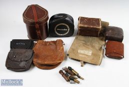 Mixed lot of Fishing Cases comprising - 1x unnamed large card case with leather strap, egg shape,
