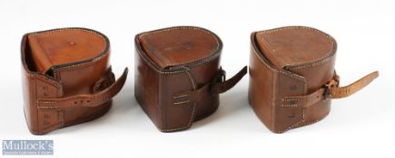 3x D Block Small Leather Unnamed Reel Cases, all with velvet lining, all have neat owners'