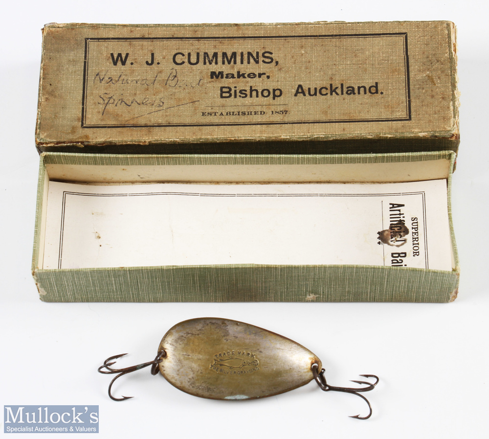 W J Cummins 'The Silver Grayling' spoon with fish trademark stamped, double treble hooks, measures 2
