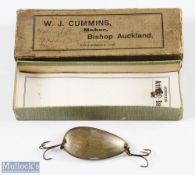 W J Cummins 'The Silver Grayling' spoon with fish trademark stamped, double treble hooks, measures 2