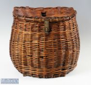 c1880 potbellied wicker fishing creel with stamp to brass hasp, with hinged lid, measures 30cm