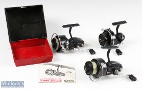 Mitchell Match Fixed Spool Reel with finger dab bail, runs well, original plastic box with
