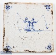 Delft style antique tile with fishing scene in typical blue decoration some crazing, and pitting