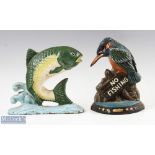 2 x Cast Iron Fishing Doorstops/Wedges, a Kingfisher, No Fishing doorstop plus a jumping fish