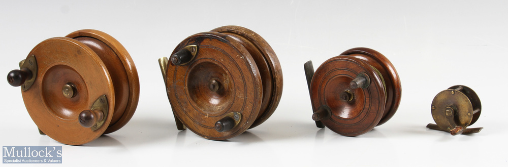3x Wooden Nottingham Reels 2x star back examples with on/off check with another strap back reel,