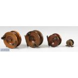 3x Wooden Nottingham Reels 2x star back examples with on/off check with another strap back reel,