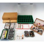 A collection of boxes comprising - wood fly box with over 50 flies, catch missing; Orvis
