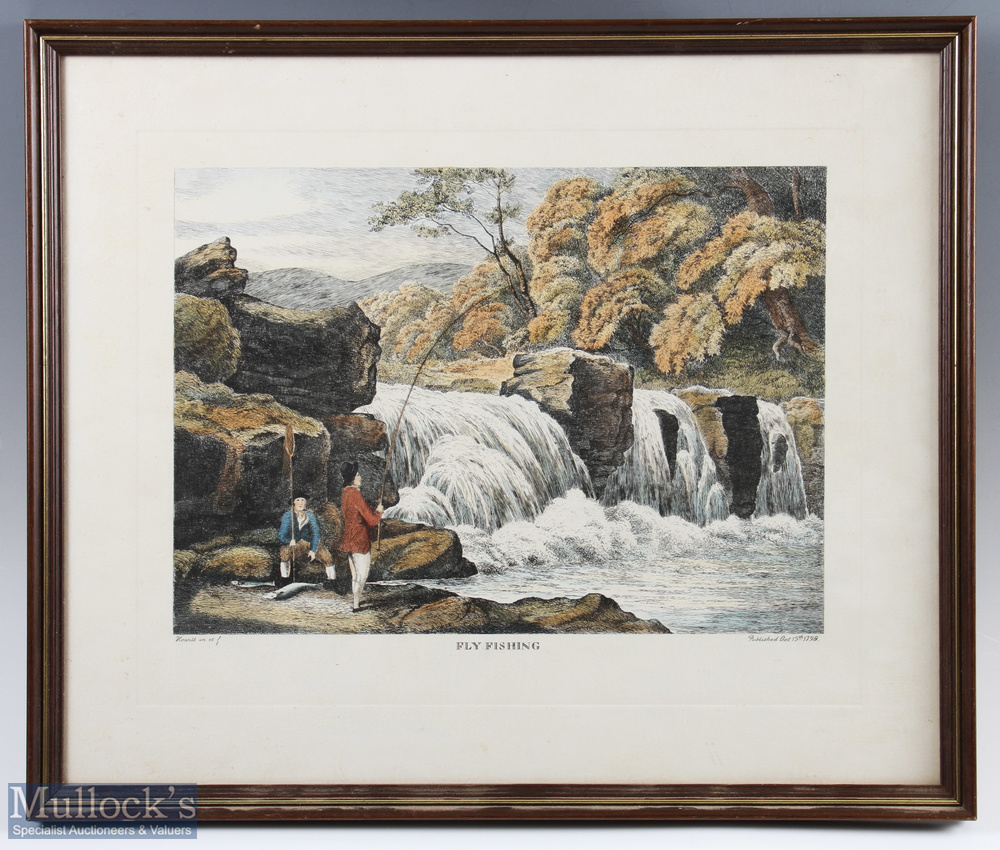 1798 'Fly-Fishing' coloured engraving depicting a waterfall scene framed measures 49x41cm approx