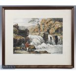 1798 'Fly-Fishing' coloured engraving depicting a waterfall scene framed measures 49x41cm approx