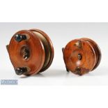 2x Wooden Nottingham Star Back Centrepin Reels inc brass 5" reel with check latch to rear, brass