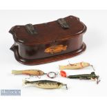 Early Mahogany belt/waist fly box with fish detailed to front, hinged lid with leather hinges,