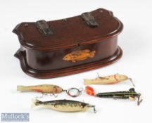 Early Mahogany belt/waist fly box with fish detailed to front, hinged lid with leather hinges,