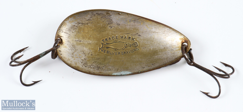 W J Cummins 'The Silver Grayling' spoon with fish trademark stamped, double treble hooks, measures 2 - Image 2 of 3