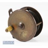 Hardy Bros Alnwick 3" all brass plate wind reel with two maker's logos, waisted perforated foot,